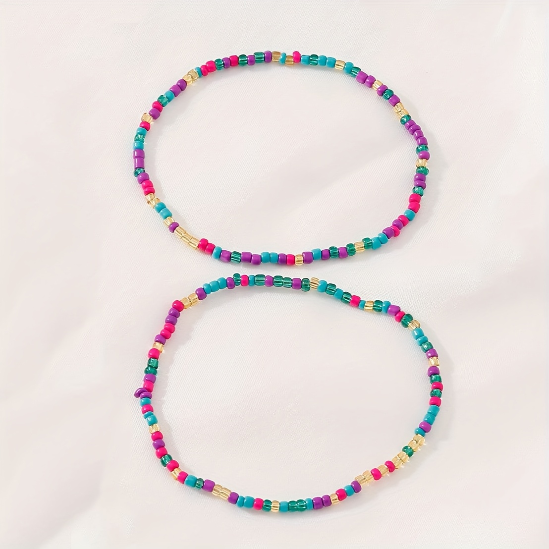 Set of 2 Women's Stretch Rope Anklets with Rice Beads, Minimalist